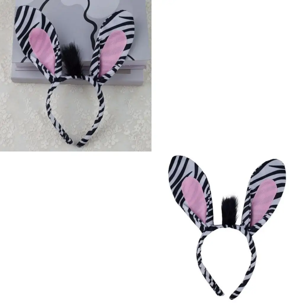 39BD Cartoon Zebras Ears Headbands Animal Tail Collar Hair Hoop for Kids Shows Stage