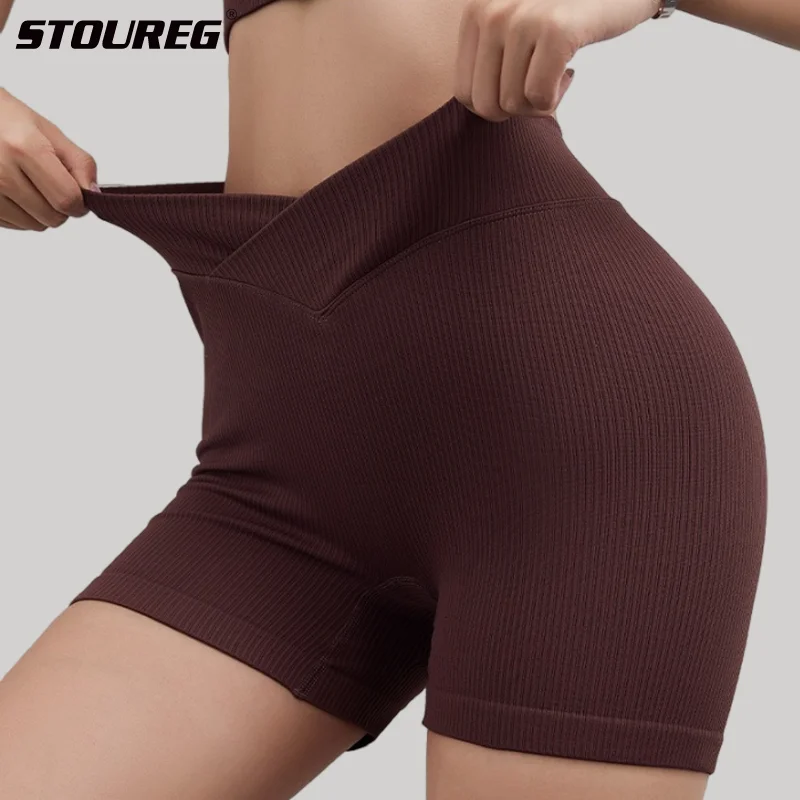 STOUREG V-waist Yoga Shorts Tight for Women,Thread High Elastic Peach Lifting Buttocks Gym Shorts Running Clothing