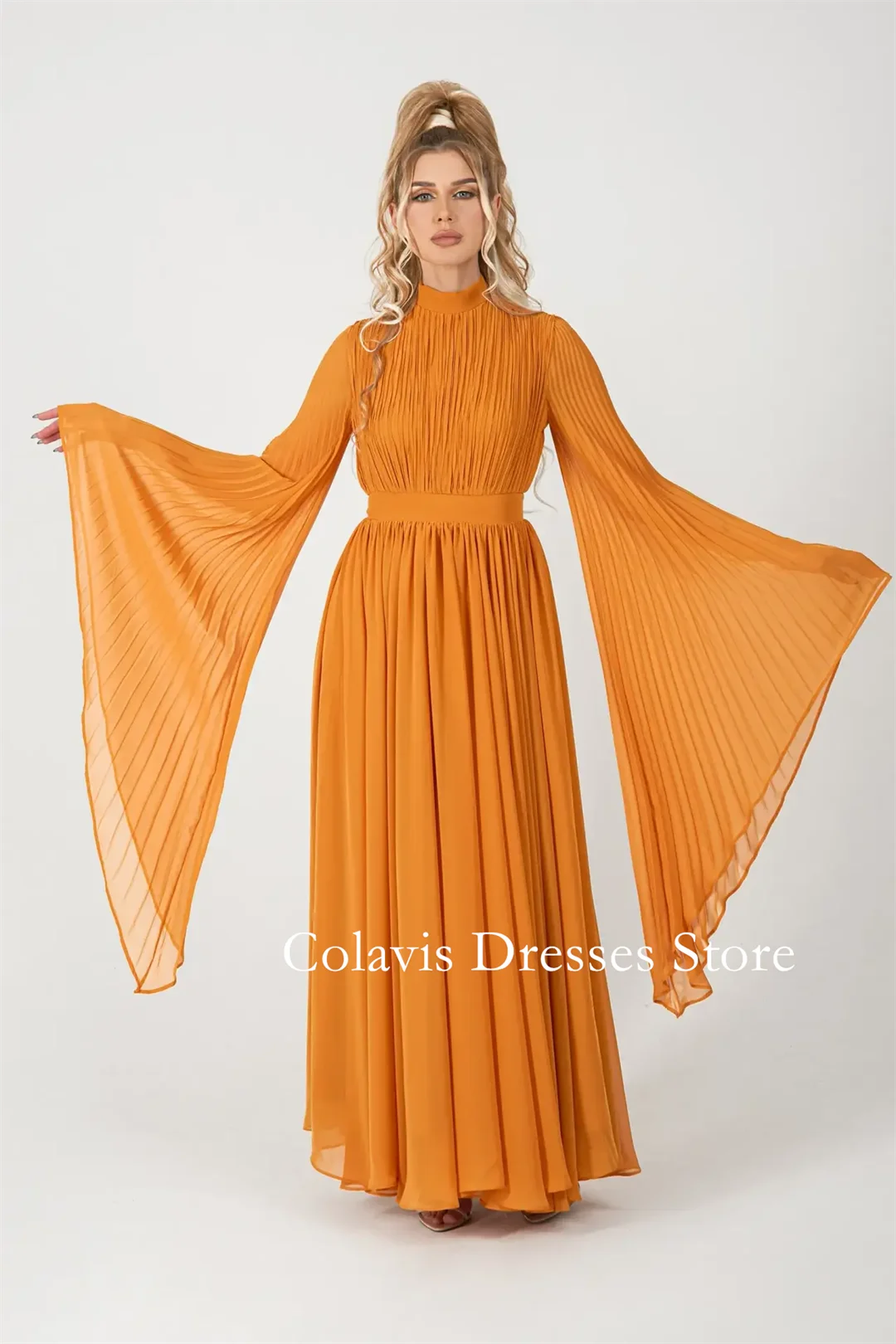 

2025 Индивидуальные шифоновые плиссированные платья трапециевидной формы с высоким воротом и расклешенными рукавами для выпускного вечера Вечернее платье Женские вечерние платья Вечернее платье