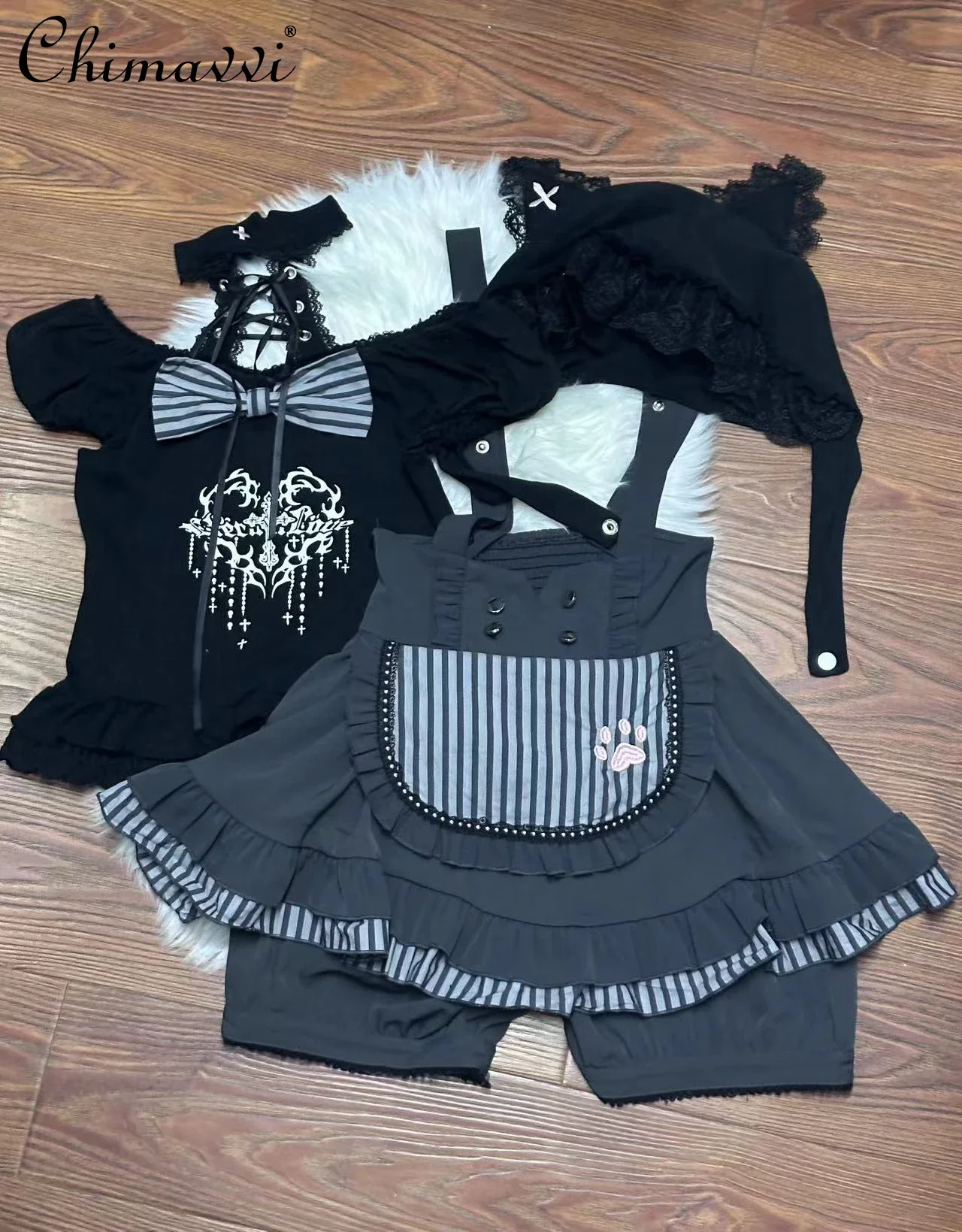 Japanese Subculture Strap Printed Bubble Sleeves Halter Shirt Suspender Skirt Goth Style Girl Women's Top Strap Skirt Pants Set