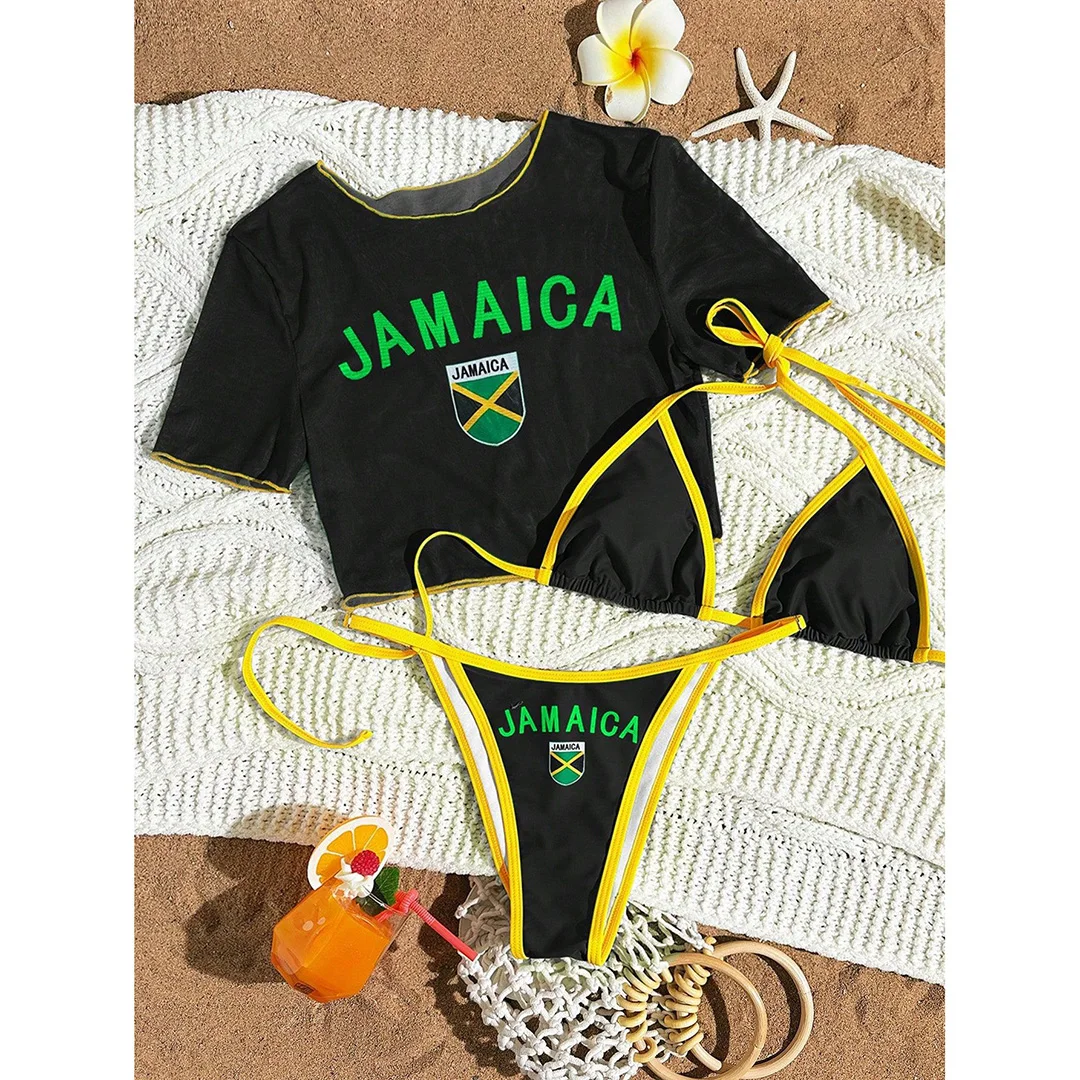 S - XL, 13 Farben, bedrucktes, dreiteiliges Bikini-Set, Bikini mit kurzen Ärmeln, Damen-Badeanzug, Damen-Badebekleidung, Badeanzug, Badebekleidung, Modell V6854G. – Detail 28