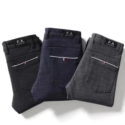 Pantalones casuales de estilo clásico para hombre, pantalones casuales ajustados rectos de negocios a cuadros a rayas a la moda, pantalones de marca negros, azules y grises para hombre