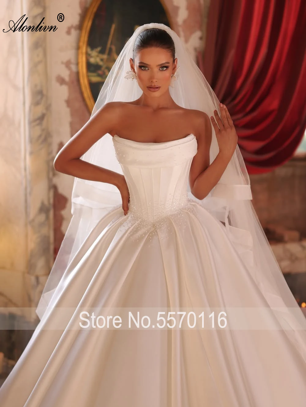 Alonlivn مخصص حساسة مطرز اللؤلؤ الكرة ثوب الزفاف قبالة الكتف أكمام قارب الرقبة أثواب الزفاف