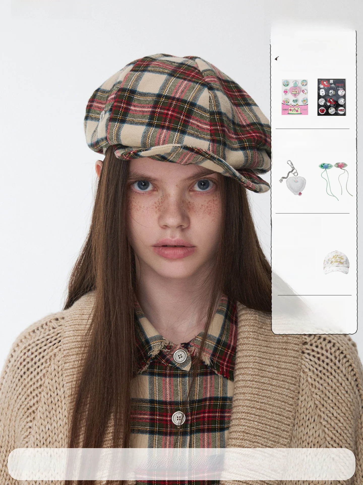 

1JINN STUDIO Retro British Plaid Newsboy Cap Women's Versatile Face Slimming Dual-color Beret Hat Autumn Season round Top