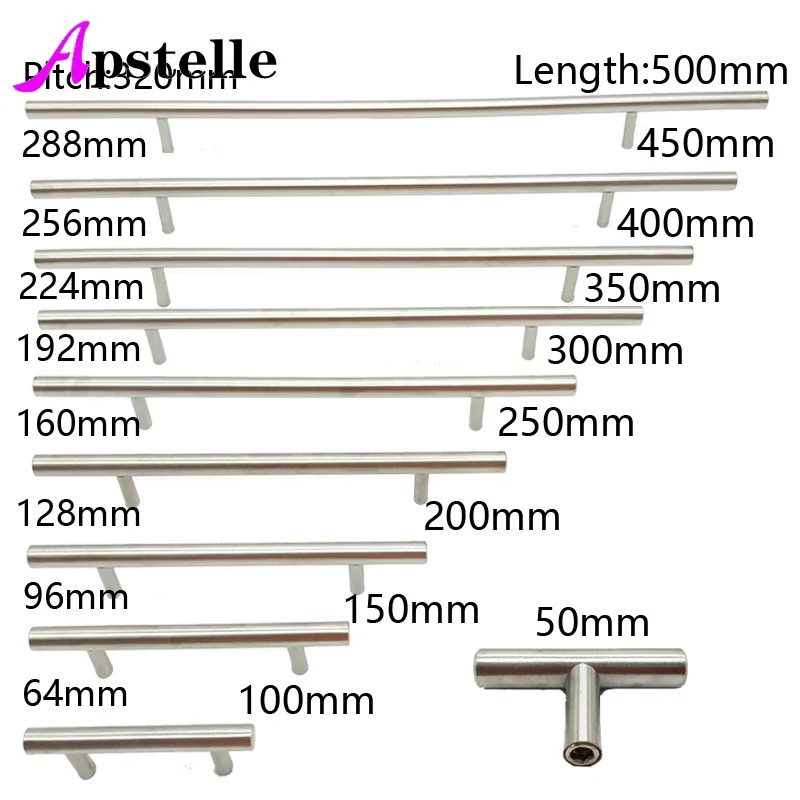 Apstelle-tirador de barra en T para puerta de cocina, pomo de acero inoxidable de 50-500mm, para muebles, armario, cajón