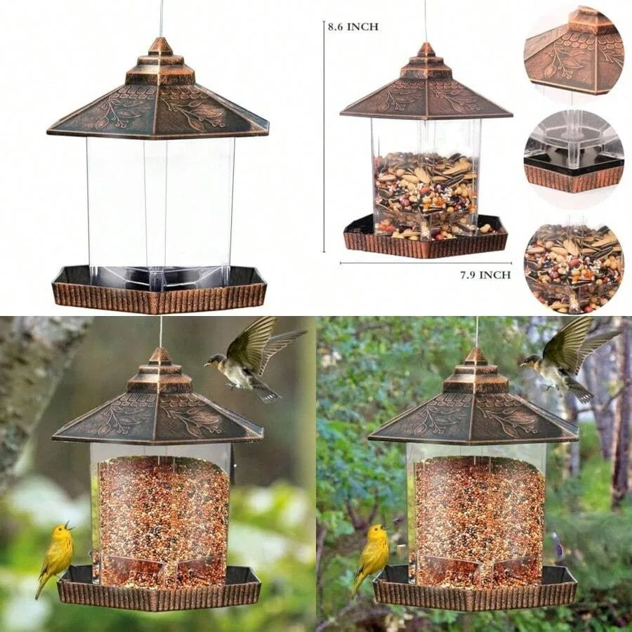 【New style】Bird Feeders For Outdoors Hanging Red Copper Gazebo Bird Feeder For Roof Yard Garden Decorations