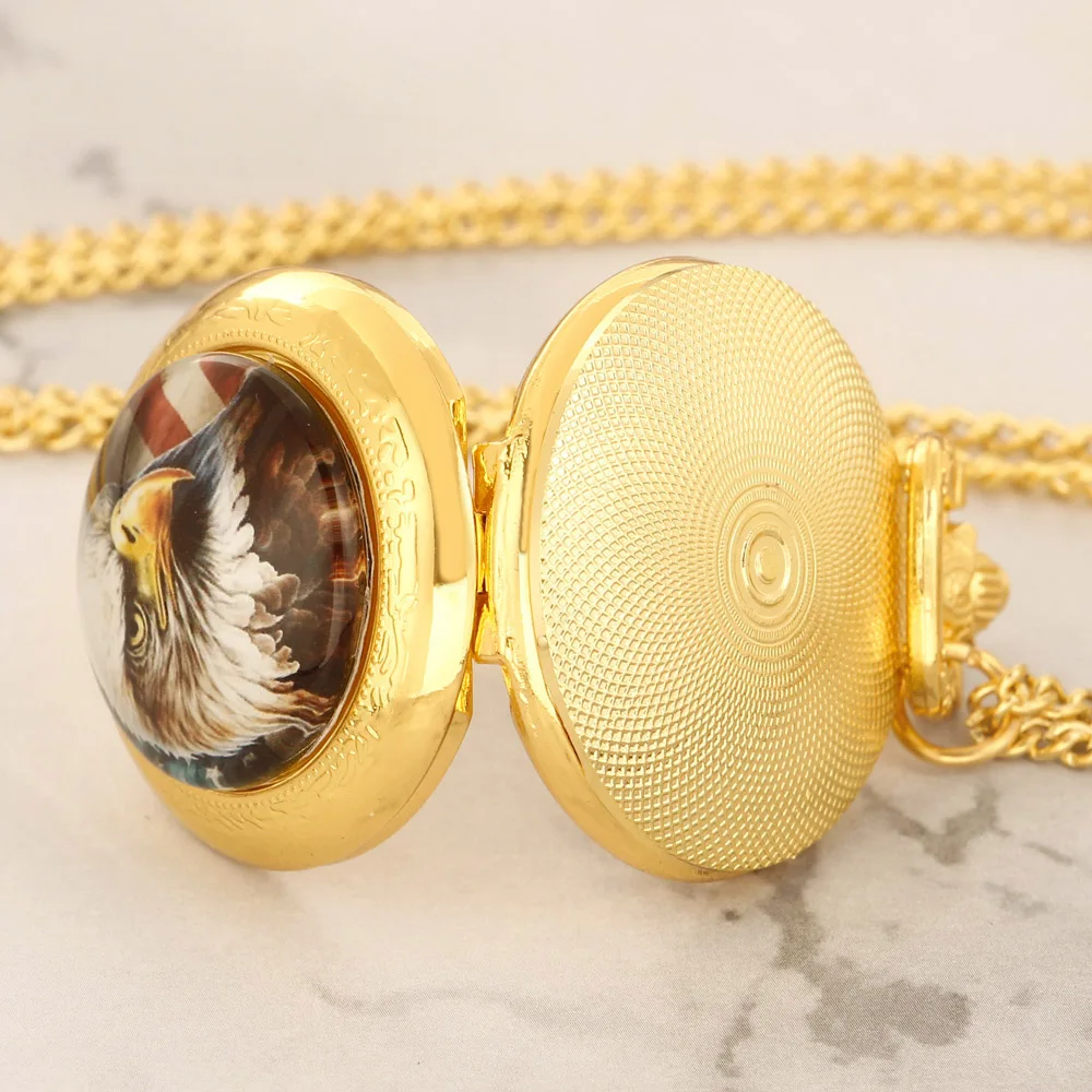 Vintage Golden Eagle Design Quartz Pocket Watch Women Men Necklace Unique Pendant Clock Watch Gift Accessories