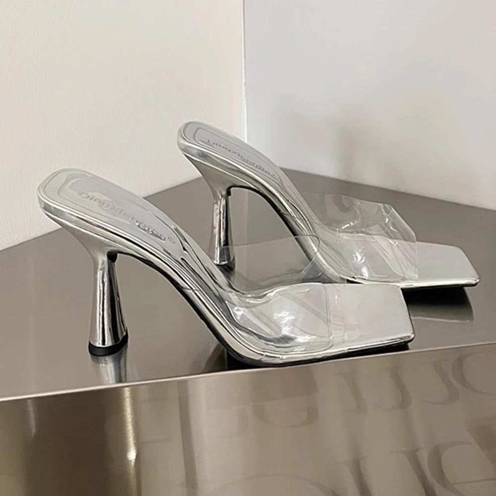 Women Sandals Dress Shoes Transparent Strap Sexy Stilettos Heels Square Open Toe One Band Slip-On High Heeled Slippers Pump Mule