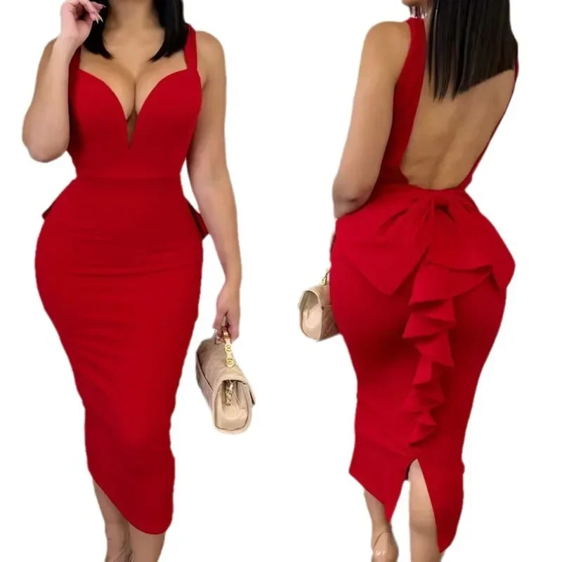 New Women's Backless Ruffles Patchwork Dress 2023 Elegant Sexy Evening Party Dress Women's Spaghetti Strap V-neck Slim Fit Dress