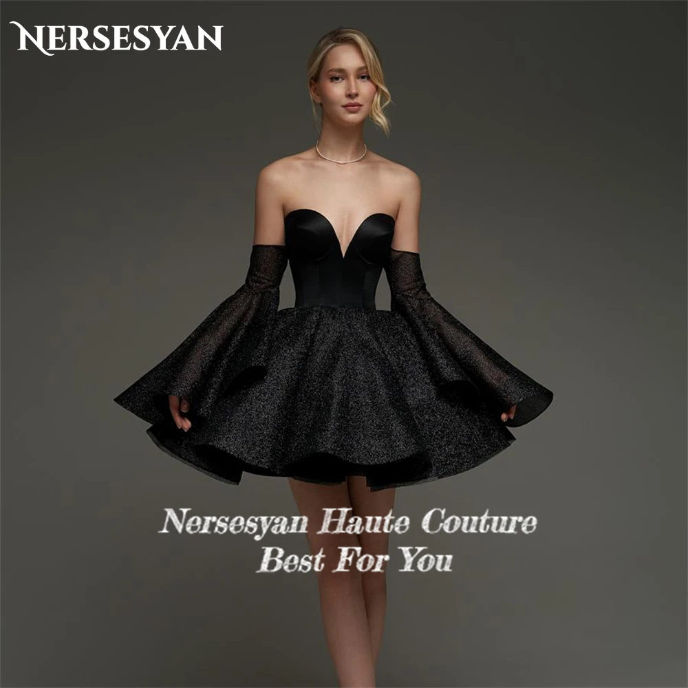 Nersesyan Black Glitter Elegant Wedding Dresses Off Shoulder A-Line Removable Flare Sleeves Brial Gowns Backless Bride Dress