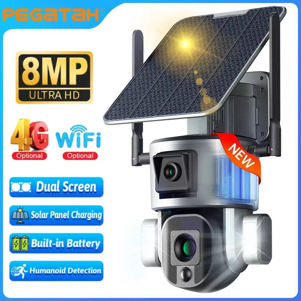 

Камера Securexpert 4K HD 4G с солнечной батареей, двумя объективами, двумя экранами, 20-кратным оптическим зумом, Wi-Fi, функцией автоматического отслеживания и двусторонней аудиосвязью для улицы
