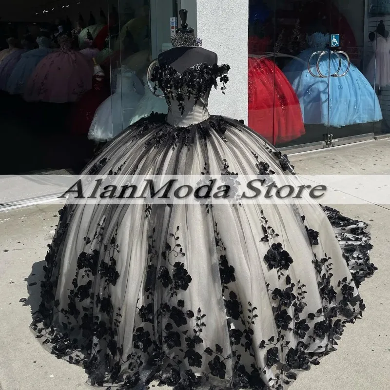 Vestidos De quinceañera negros De lujo con hombros descubiertos, apliques florales 3D con cuentas, Vestido De 15 Años hecho a medida, dulce 16 vestidos