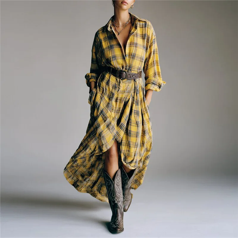 

European American Retro Long-sleeved Plaid Shirt Dress 2025 Spring Autumn New Fashionable Loose Casual Versatile Dress With Belt