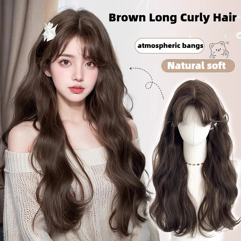 Curly Wig Brown Long 24inch Headband Wigs for Women Natural Soft Heat-resistant Fibres Lace Front Synthetic Wigs for Daily Use가발