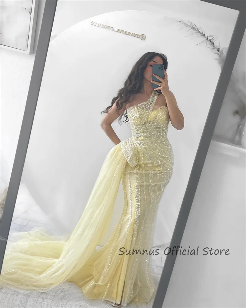 SUMNUS Luxury Mermaid Evening Dresses for Women Sleeveless Arabic Party Gowns Draped Train Shiny Yellow Sequined Prom Dress Sexy