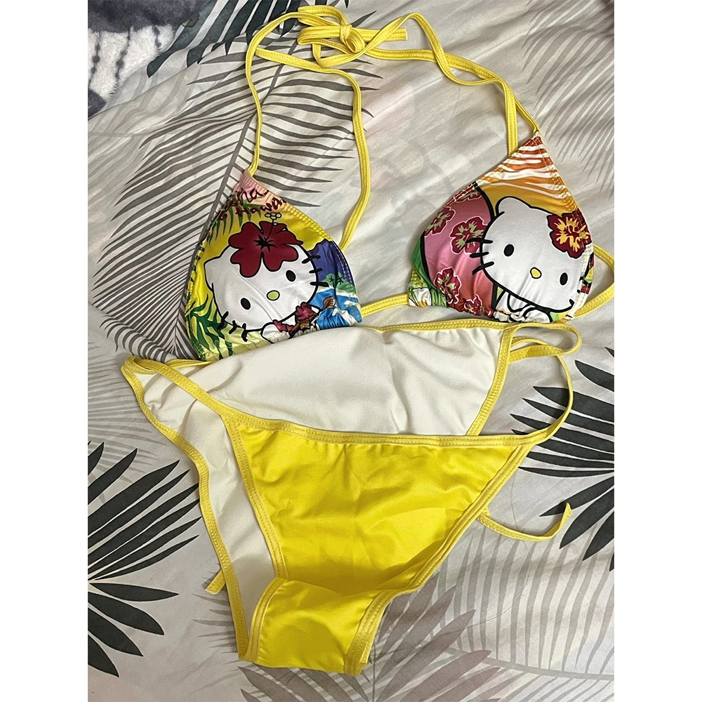 

Sanrio Hawaii Hello Kitty Split Swimsuit Suit Women In Summer Cartoon Girls Small Breasts Push Up Bikini Beachwear Surfing Suit
