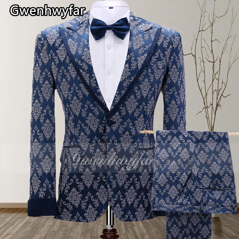 Gwenhwyfar Men Vintage Two-Pieces Set Suits Navy Blue  Rhombus Print Night Club Singer Prom Party Tuxedo Latest Coat Pant Design