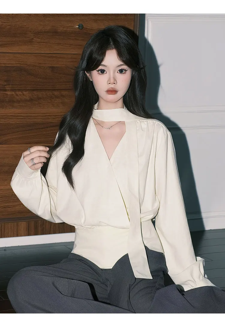 Outono novo estilo francês damasco cintura-concha com decote em v elegante fita manga longa topo cor café fino ajuste pulôver camisa