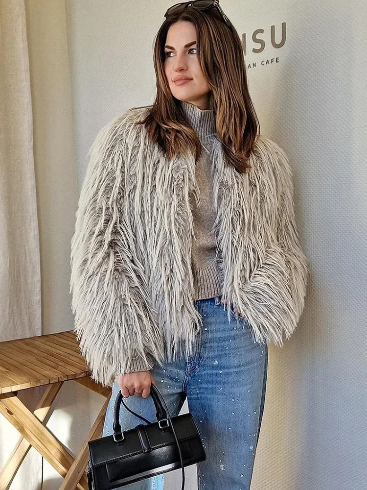 HH 女性の冬のファッション O ネック長袖天然模造毛皮ソリッドコート女性暖かいルーズアウターカジュアルポケットジャケット