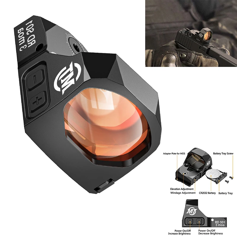 ミッドテン スコープ レッドドットサイト 3 MOA 光学式反射照準器 ピストル用 GL MOSおよびピカティニー レール用アダプター付き アウトドアハンティング用