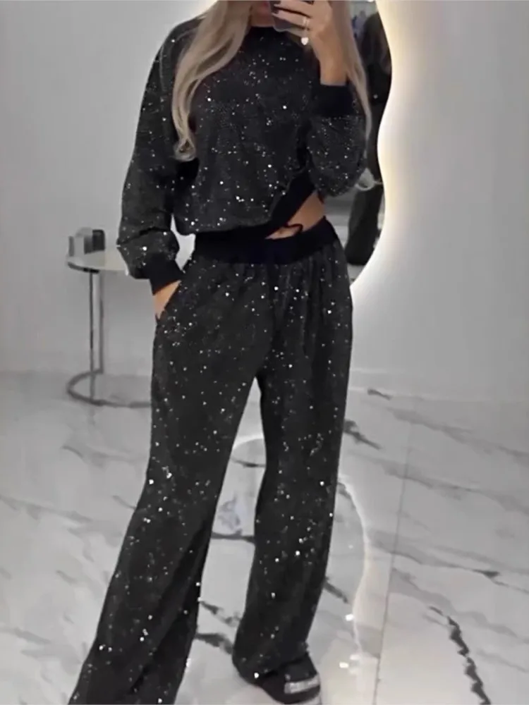 

Autumn Comfortable Casual Trousers Set Women's Sequin Long-sleeved Round-neck Loose Top Drawstring Wide-leg Pants Two-piece Set