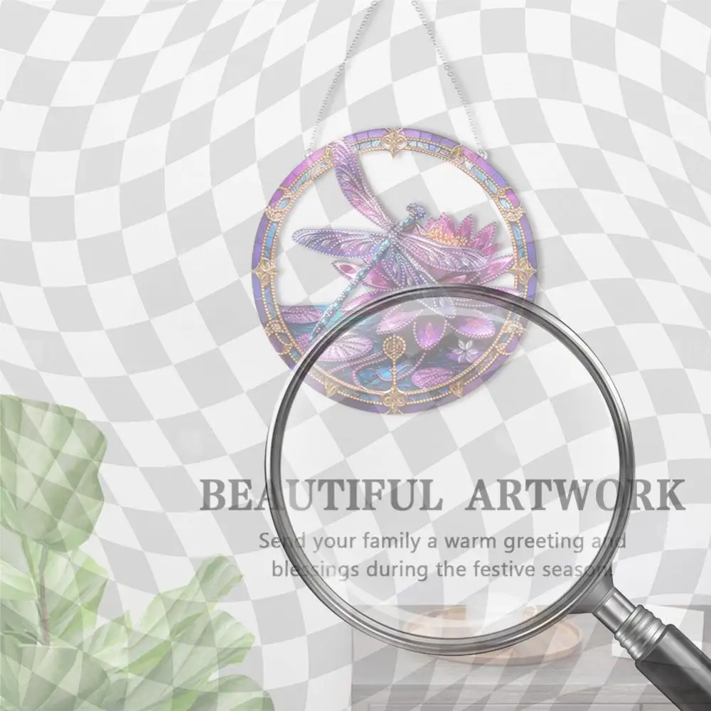 

Dragonfly Lotus Double Sided Special Shape Diamond Painting Hanging Pendant Dragonfly Dragonfly Flower for Garden Window Decor