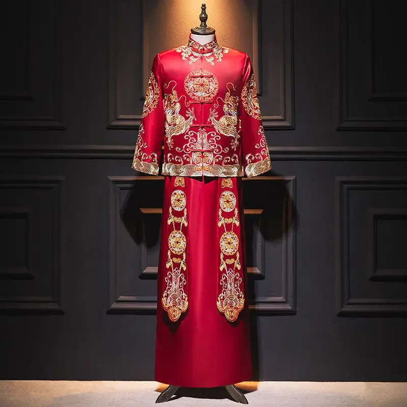 

Yourqipao Men's Xiuhe Clothing Chinese Male Wedding Toast Sets Mandarin Jacket Tang Suit Plus Size Dragon and Phoenix Jacket