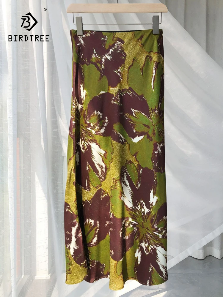 

BirdTree-Women 20MM 100% Silk Elegant Skirt, Elastic Waist Printed, French Retro Party Trumpet Skirt, 2025 Summer New B55784CC