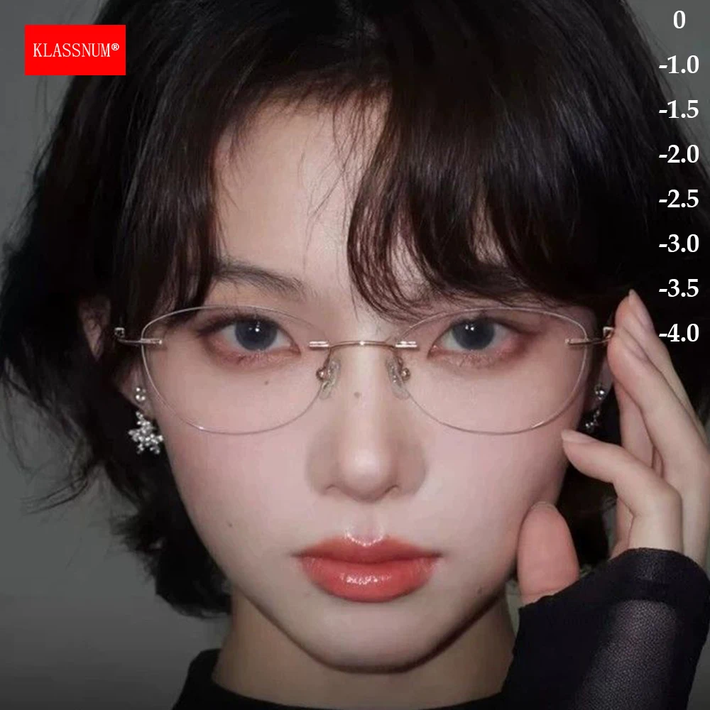 KLASSNUM Women Rimless Transparent Lens Myopia Glasses Butterfly Shaped Metal Frame Spectacles Diopter Minus 0-1.0-1.5-2.0-2.5-3