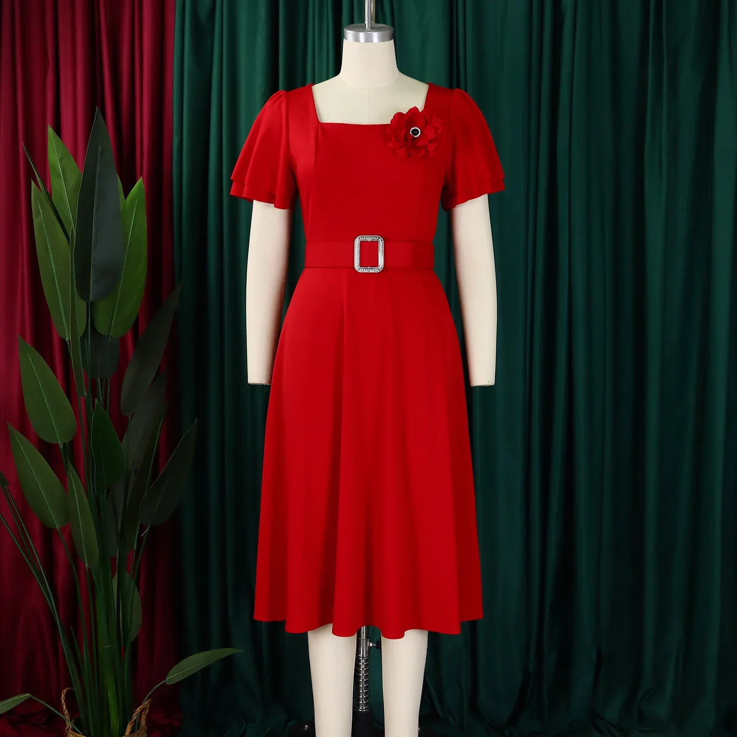 

Customized Women Short Sleeve Square Collar Midi Dress Corsage Belt Africa OL Work Evening Sexy Big Swing Party Dresses Vestidos