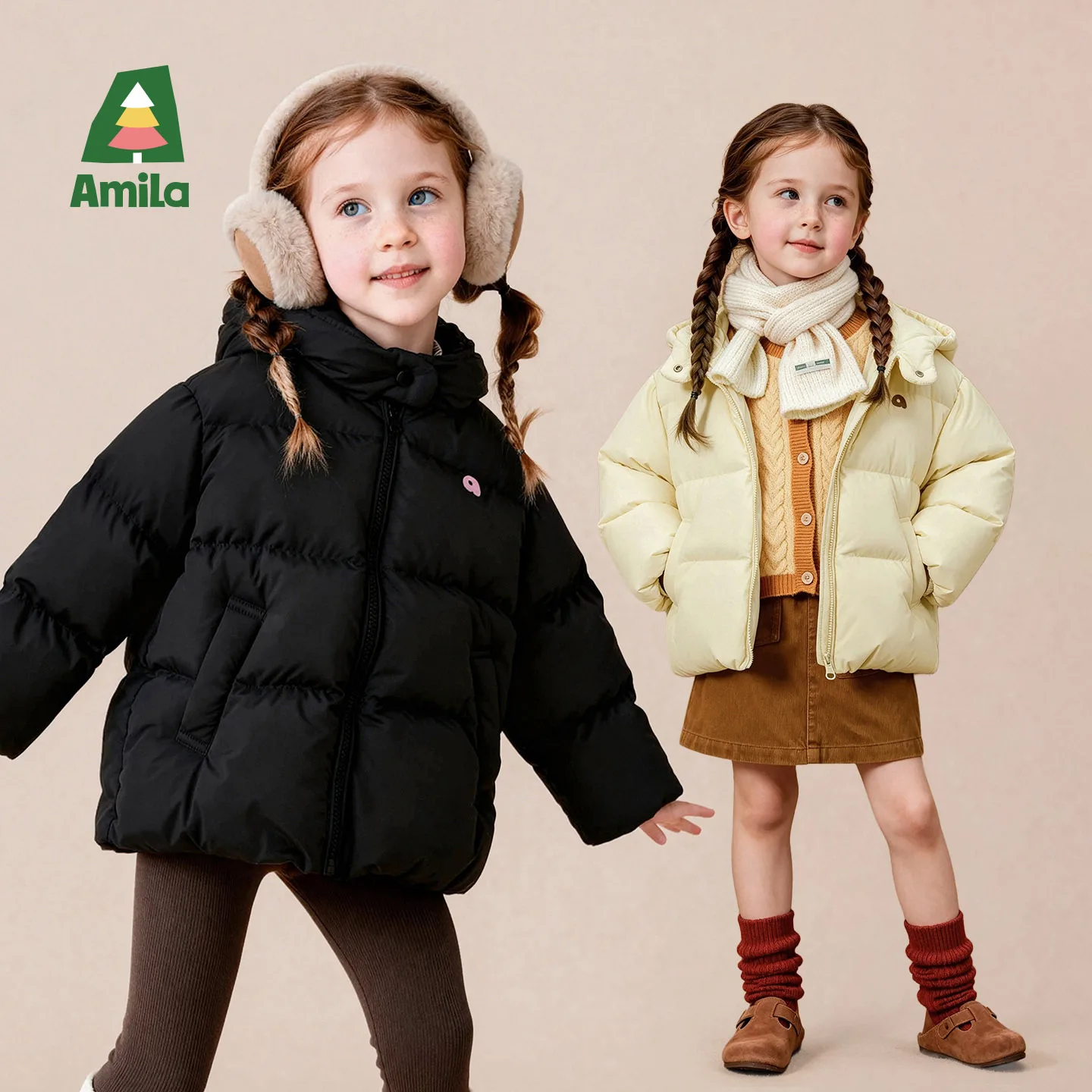 Amila 2026 Winter New Kids Regular Down Jacket Simple Hooded Warm Thermal Short Style Soft Cozy Daily Versatile Outerwear