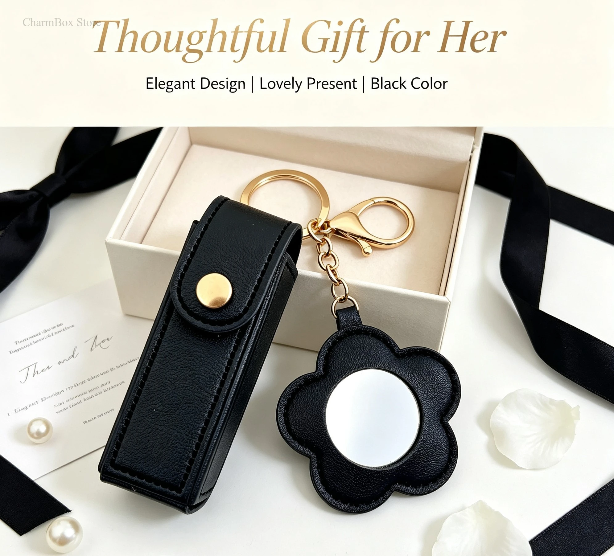 Leather Lipstick Case Keychain with Flower Mirror Charm Gold Tone Hardware Portable Lipstick Holder Bag Accessory Gift for Women