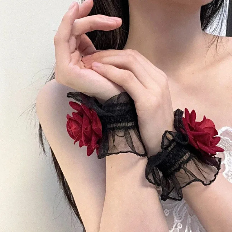 Lolita Kurze Handschuhe mit Spitze, Rosenblüten-Handgelenkmanschetten, Rüschen-Blumen-Elastikarmband für Damen, Cosplay-Handgelenkband