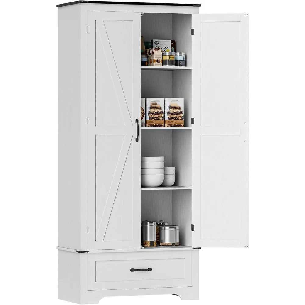 

72" Tall Farmhouse Kitchen Pantry Cabinet - Kitchen Storage Cabinet with Adjustable Shelves & 2 Barn Doors & Drawer, Versatile