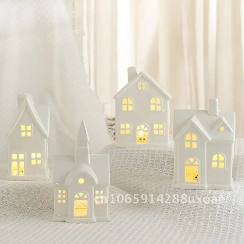

Nordic Style Hollow Ceramic House Christmas Decoration Desktop Creative Ornaments Bedroom Bedside LED Light Crafts