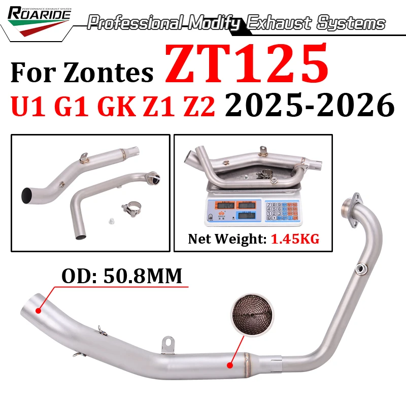 Slip On For ZONTES ZT125 ZT 125 U1 G1 GK Z1 Z2 2025 2026 Motorcycle Euro 5 Exhaust Modify 51MM Muffler GP Escape Front Link Pipe
