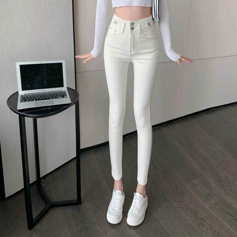 Korean Fashion Apricot Skinny Pants Women High Waist Stretch Jeans Pants Sexy Pencil Capris Streetwear Hip Lift Denim Legging