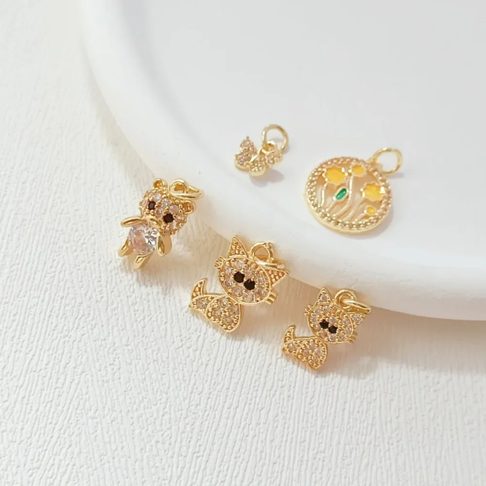 

14K Gold-plated Cute Zirconium-inlaid Little Cat Bear Pendant, Tulip Pendant, DIY Handmade Bracelet Pendant