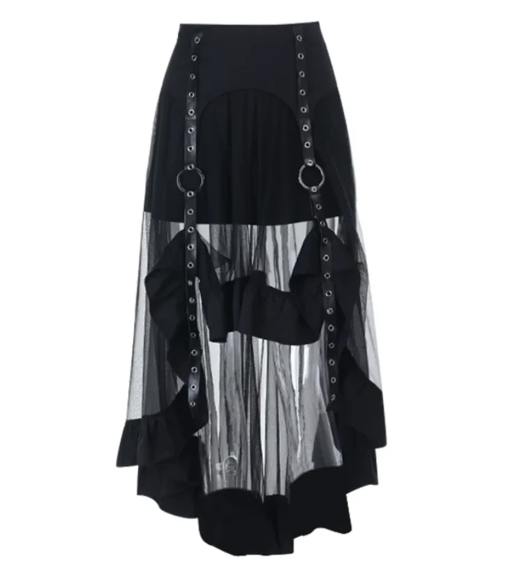 Personalized New Punk Sexy Girl Irregular Gauze Belt Splicing Skirt Fashion High Waist A-line Versatile Chic Black Long Skirts