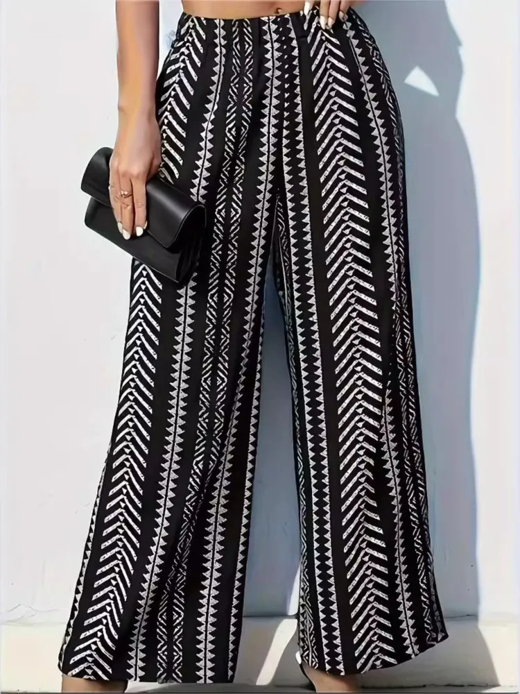 

2025 Trendy Pants Autumn Printed High Waist Wide Leg Trousers For Ladies Vintage Style Commuting Pantalones De Mujer Streetwear