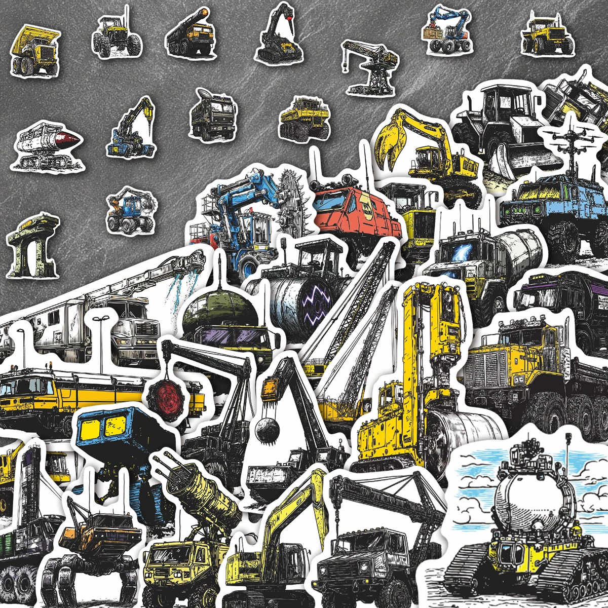 50Pcs Heavy Machinery Construction Stickers | Hand Drawn Waterproof Decals for Laptop, Water Bottle & Journal, Industrial Decor