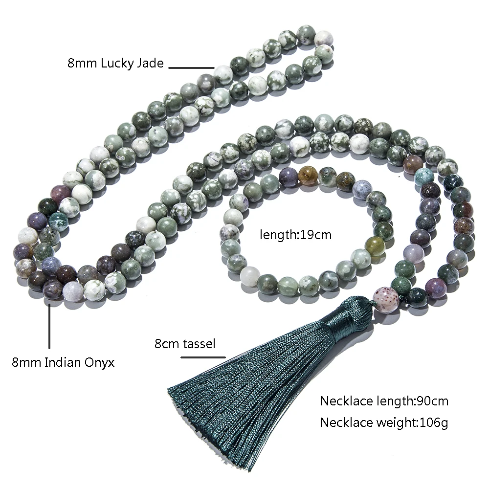 8mm Indian Onyx Beaded 108 Mala Necklace Meditation Prayer Rosary Japamala Set  for Men and Women