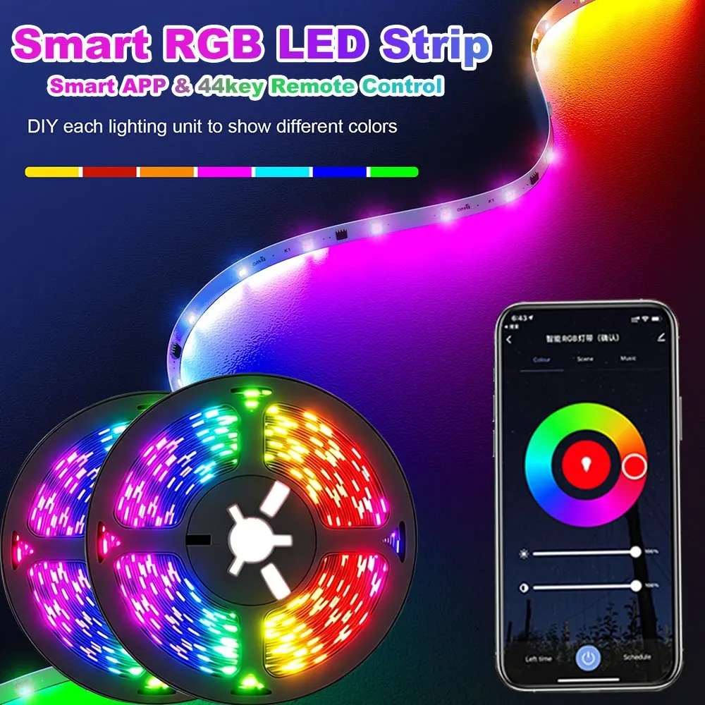RGB LED Strip Lights Smart APP & Remote Control Strip Lights Sync with Music, with Timing Settings, 44Key Remote APP Timer Mode