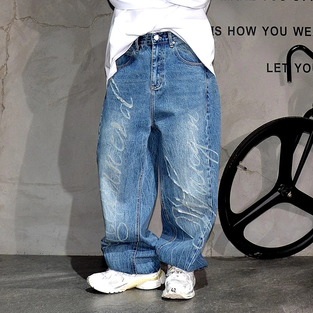 High End Men\'S Clothing Korean Fashion Baggy Jeans For Men Distressed Letter Ripped Jeans Streetwear Skateboard Denim Pants Male