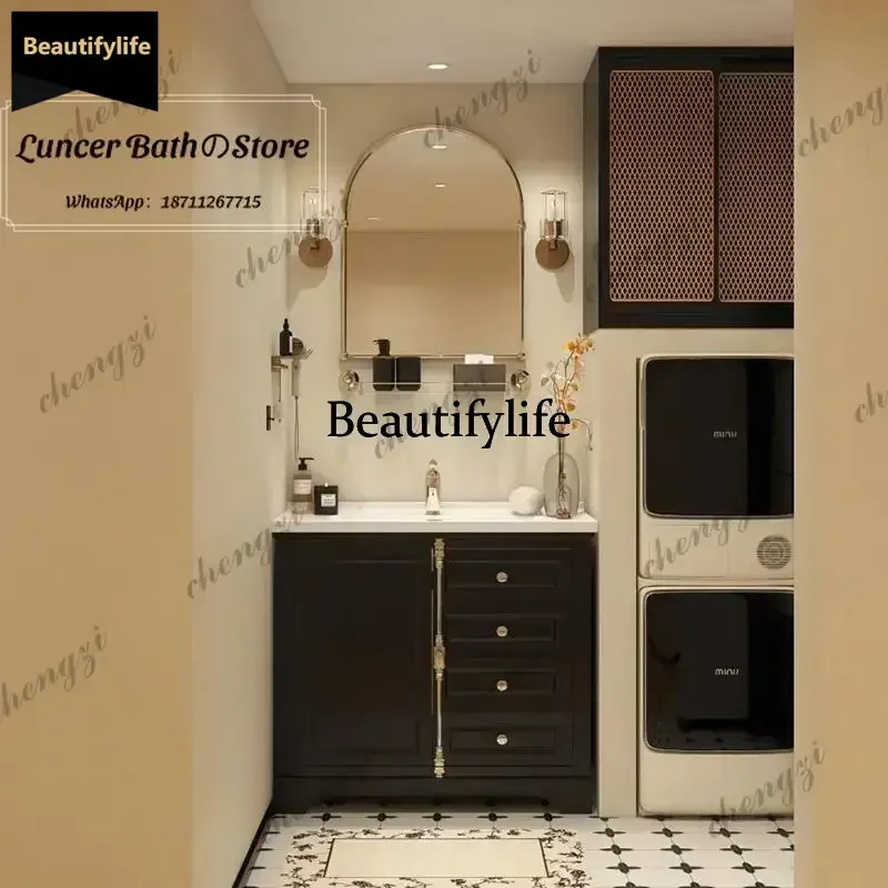 French retro bathroom vanity set with integrated ceramic basin, arched mirror, and floor cabinet b567