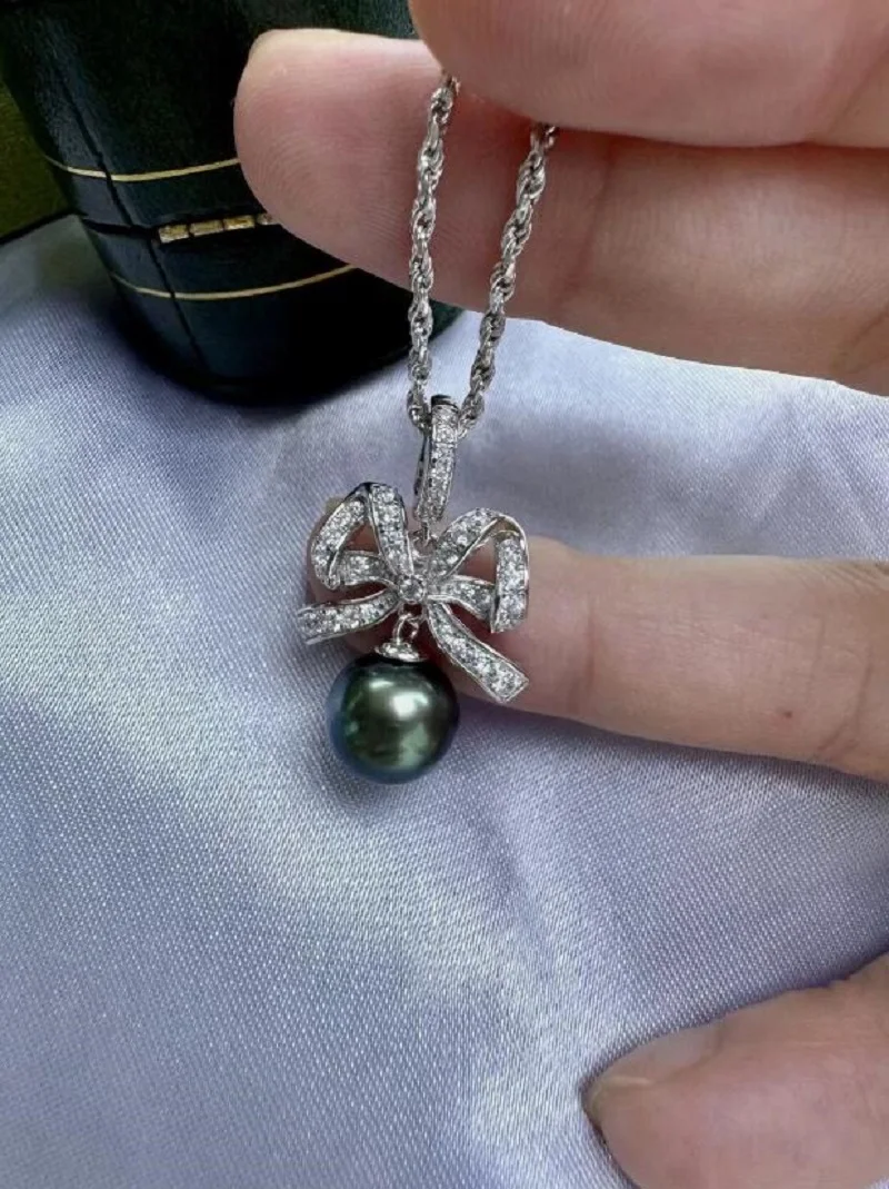 stunning 10-11mm tahitian round black green pearl pendant 925s necklace