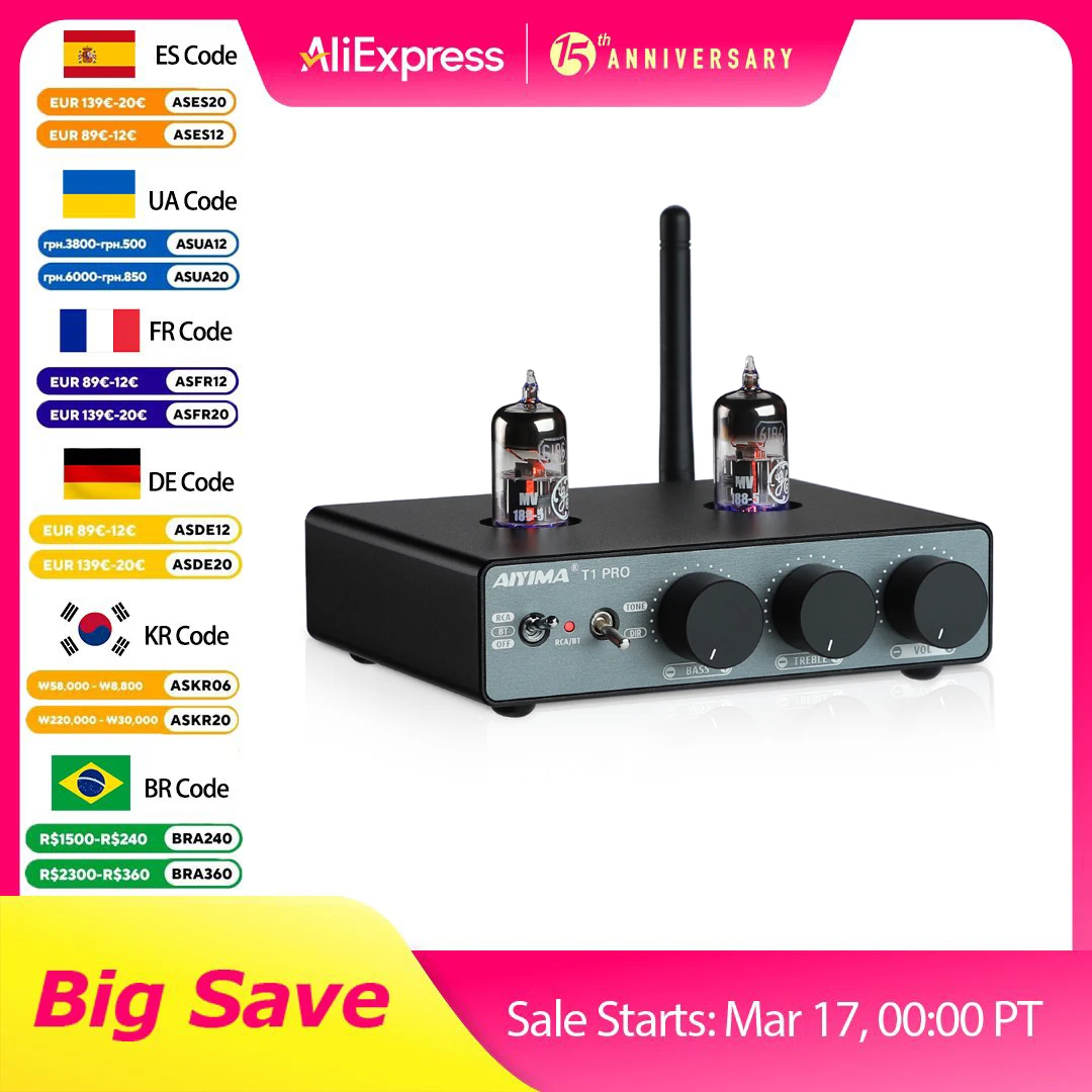 AIYIMA T1 PRO 6186 Ламповый предусилитель Вакуумный предусилитель Bluetooth 5.1 QCC3040 APTX-HD Ламповый предусилитель Управление тоном высоких частот