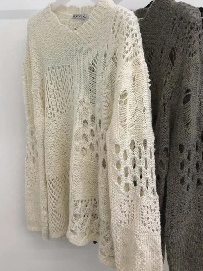 

Chic Lazy Street Sle V-Ne Long Sve Knitted Top Women's Casual Loose Fit Versatile Hollow Design Spring Autumn Winter