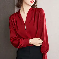 Women Korean Fashion Ruffled Satin Elegant Chic Beaded Blouse Solid V Neck Long Sleeve Business Casual Office Lady Shirt Blusas