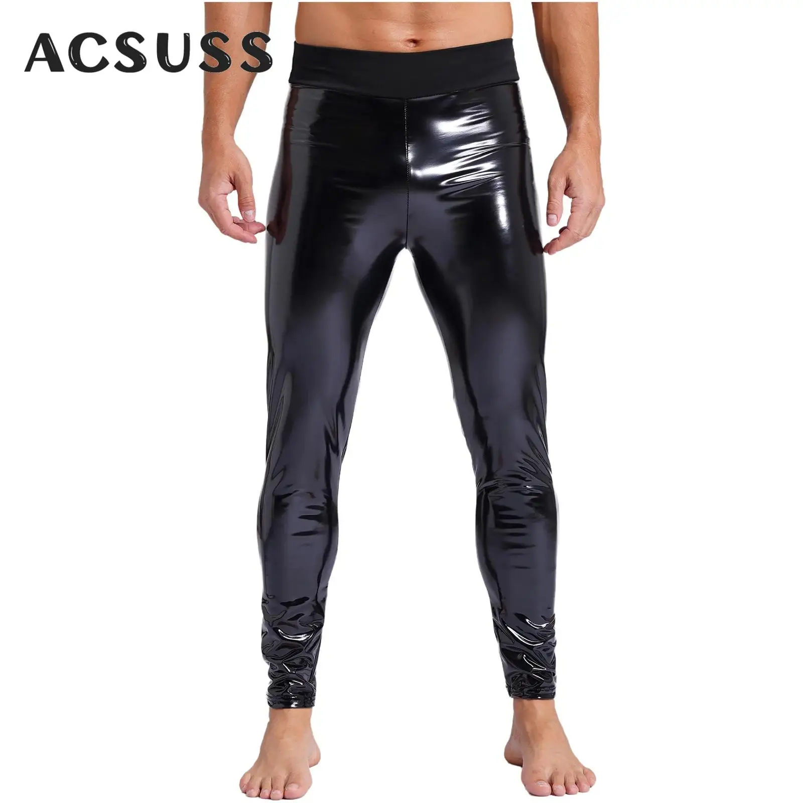 

Men Patent Leather Skinny Long Pants Wet Look High Waist Stretchy Trousers Leggings Clubwear for Carnival Nightclub Rave Party